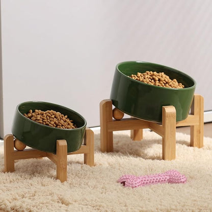 Petygooing Elevated/Raised 15°Slanted Ceramic Dog Bowl for Small and Medium Breeds, Tilted Anti Slip Pet Feeding Bowl,Food Water Dish with Stand for Cats and Dogs (28 OZ/3.6 Cups) Rust Green