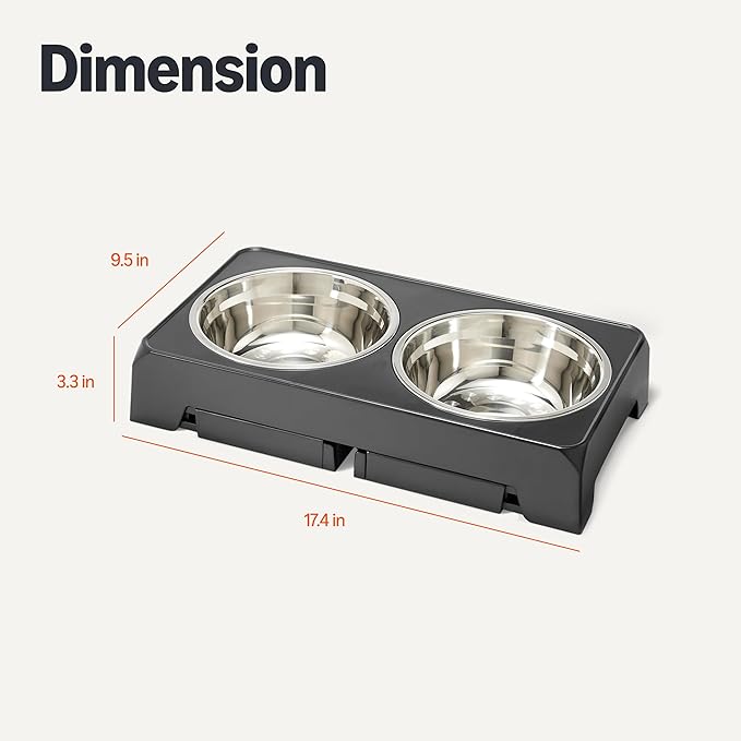 Amazon Basics Elevated Dog Bowls Stand, Height Adjustable Raised Pet Feeder Dish Station with Non-Slip Base, Stainless Steel Bowls, 17.3 x 9.4 x 12 in, Black