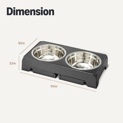 Amazon Basics Elevated Dog Bowls Stand, Height Adjustable Raised Pet Feeder Dish Station with Non-Slip Base, Stainless Steel Bowls, 17.3 x 9.4 x 12 in, Black