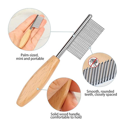 Small Dog Comb with Wooden Handle Dog Eyes&Mouth&Face Metal Comb Pet Fine Tooth Flea Comb Pet Grooming Tool for Dogs and Cats Remove Loose Hair Dirt Fleas