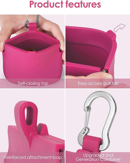 RBibei【One-Hand Access Silicone Dog Treat Pouch, Small Pocket Sized Training Pouch with Pull Tab & Auto Closing Lid for Easy Pet Training & Walking (Hot Pink)