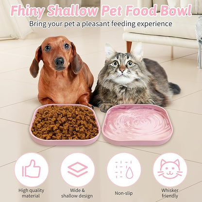 Fhiny 2PCS Silicone Cat Bowls Set 5.9 x 5.9 in Shallow Dog Dish Whisker Friendly Cat Food Plate for Dry & Wet Food Dishwasher Safe Non-Slip Pet Feeding Bowls for Kittens and Puppies (Pink)