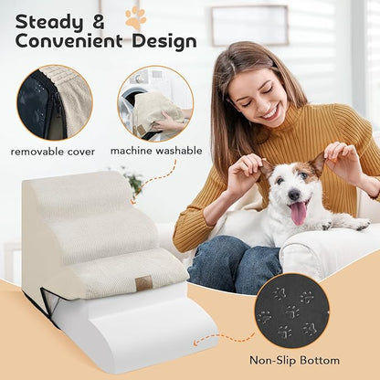Mestuel Dog Stairs for Small Dogs Cats, Small Pet Stairs Steps, Foam 6-Tier Pet Stairs Steps for Couch Sofa, Dog Ramp Ladder Indoor with Nonslip Bottom &Washable Cover, Beige