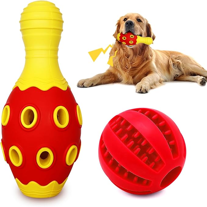 Interactive Dog Chew Toys with Bell, 2 Pack Bowling Pin & Ball Puppy Teething Toys for Small to Medium Dogs, Dental Chews for Boredom & Anxiety Relief, Red/Yellow