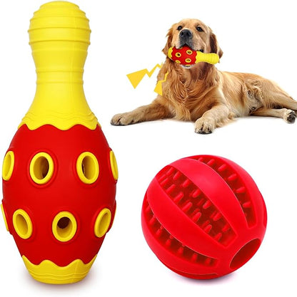 Interactive Dog Chew Toys with Bell, 2 Pack Bowling Pin & Ball Puppy Teething Toys for Small to Medium Dogs, Dental Chews for Boredom & Anxiety Relief, Red/Yellow