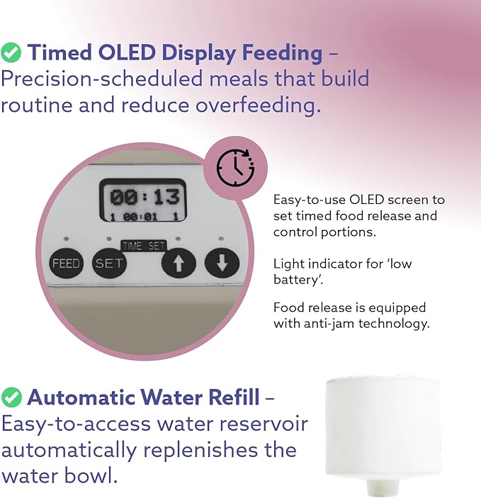Feeding Friend® Automatic Dog & Cat Food Feeder with Water Dispenser –Smart Pet Feeder with Portion Control, OLED Display, Anti Jam Design, Battery Operated Dispenser for Small - (XS) Pets 4-15 Taupe