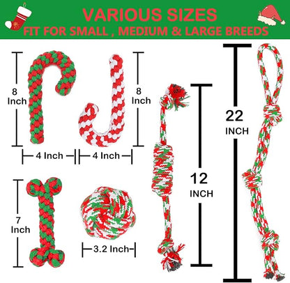 Christmas Dog Rope Toys 6 Pack - Pet Chew Toys Set for Aggressive Chewers Small Medium Dogs Puppy Large Breed Interactive Dog Ball Toys Training Playing Teeth Cleaning, for Xmas Party Indoor Outdoor