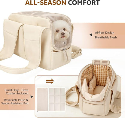 Dog Purse Carrier for Small Dogs and Cats, Soft-Sided Pet Tote Bag with 6 Large Pockets, Collapsible Travel Puppy Carrier with Small Cushion, Fits Pets up to 6 lbs (Beige, 13.6" L x 6.6" W x 10" H)