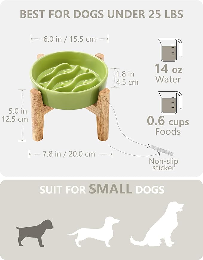 Ceramic Slow Feeder Dog Bowls Elevated, 0.6 Cup Dog Slow Feeder for Small Dogs, Puzzle Maze Bowl, 14oz, 6in, Lime Green