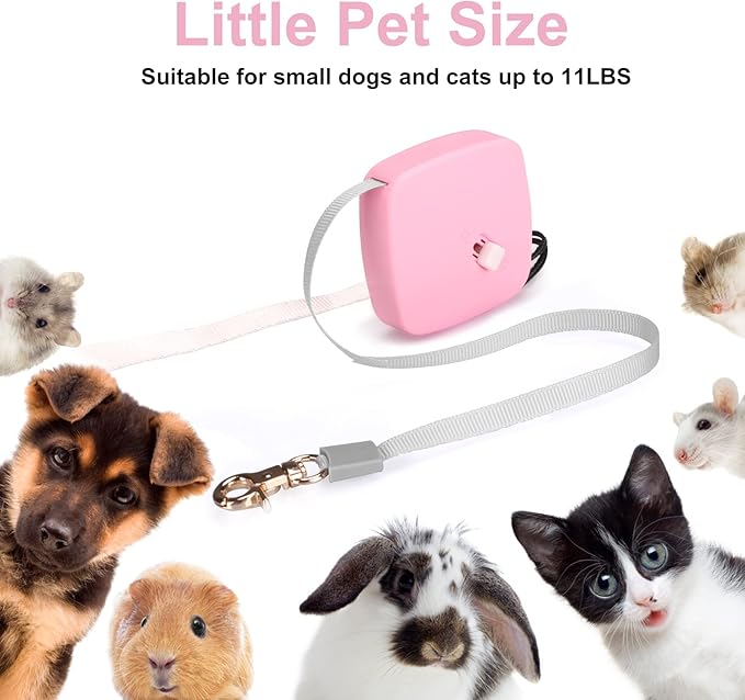 Retractable Dog Leash for Small Dogs Cats up to 11lbs with 6.5ft Anti-Pull Strong Nylon Tape, Hands Free, Mini and Portable Walking Leash with Wrist Strap, One-Hand Brake, Pink Square