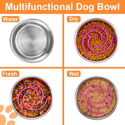 2-in-1 Metal Dog Bowl with Slow Feeder Insert, Stainless Steel Dog Bowls Food Grade 304, Water Food Bowl with Anti-Slip Silicone Base for Small, Medium, Large Dogs