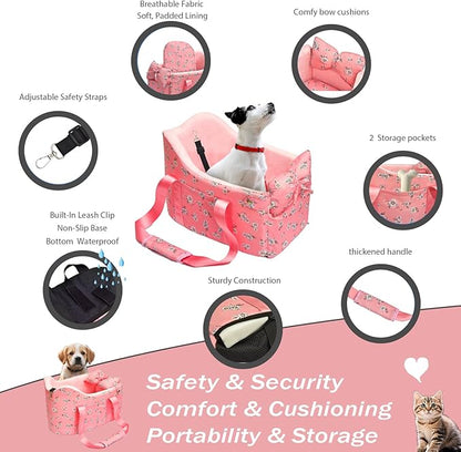 Cullaby Console Dog Car Seat - Portable Dogs Armrest Booster Seat for Small Dog, Anti-Collapse Pet Car Seat with Soft Cushion Safety Belt, Support Pet Up to 11lbs (Pink Daisy)
