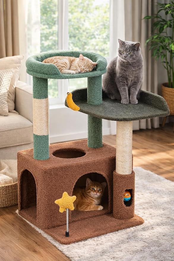 31" Cute Cat Tower for Indoor Kittens with Cat Condo, Plush Platform, Hammock, Sisal Scratching Posts, Dangling Ball, Tall Cat Tree Tower with Self-Grooming Brush (Olive Green)