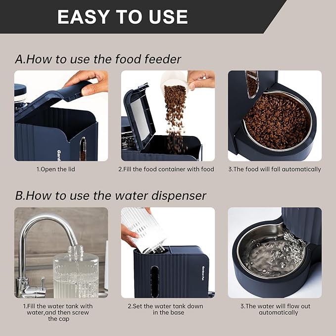 Gardner Pet Gravity Cat Food Feeder and Water Dispenser Stainless Steel Bowls Two-in-One Set Large Capacity Automatic Feeder for Pets Dogs, Puppies, Kittens-(0.8 Gallons x 2)