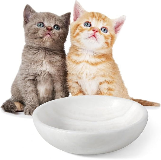 White Cat Bowl, Marble Food and Water Bowl for Cat and Small Dog, Heavyweight 1.5lb Non-Tip Pet Food Dish with Slip-Proof Pad, Premium Stone Feeder for Elegant Home Decor