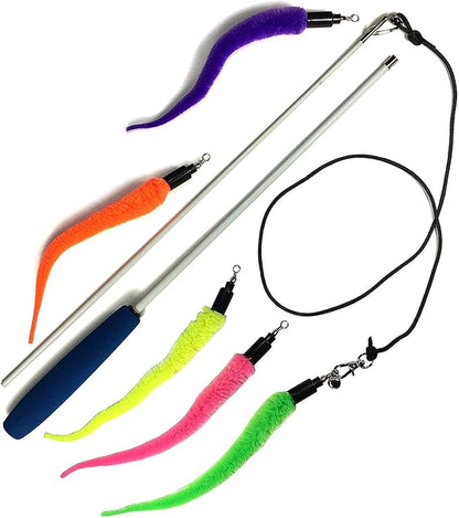 Pet Fit For Life Cat Wand Toy: 5-Piece Worm Teaser & Exerciser - Cat Wand Toys for Indoor Cats - Durable Flirt Pole/Teaser Worm Toy for Cats - Interactive Fun for Feline Fitness Health & Agility
