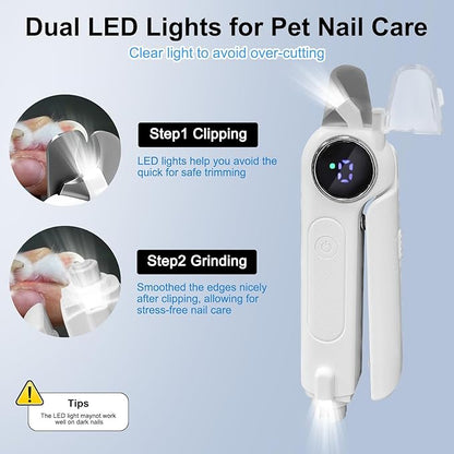 2-in-1 Dog Nail Clippers and Grinder, Electric Dog Nail Trimmer for Large Medium Small Dogs & Cats with 3 Speeds, USB Rechargeable, Quick Sensor, Splash Guard & LED Lights, Safe & Painless (White)