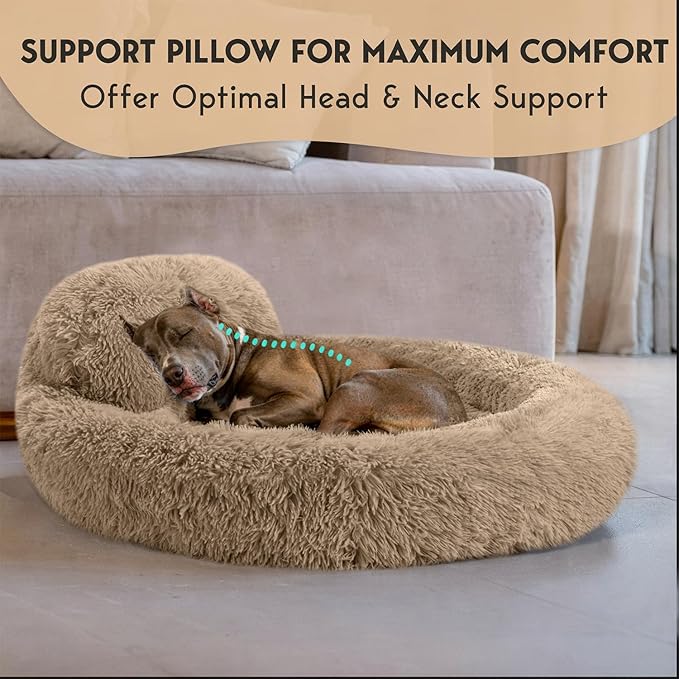 PetJett Large Dog Bed - 36'' Calming Donut Dog Beds, Anti-Slip & Washable Large Round Bed, Fluffy Faux Fur Pet Bed, Super Soft Anti-Anxiety Premium Comfort Bed, Fits Dogs up to 80 lbs - Beige