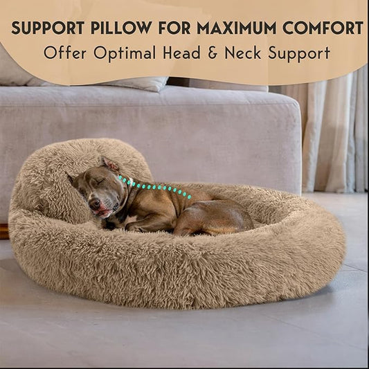 PetJett Large Dog Bed - 36'' Calming Donut Dog Beds, Anti-Slip & Washable Large Round Bed, Fluffy Faux Fur Pet Bed, Super Soft Anti-Anxiety Premium Comfort Bed, Fits Dogs up to 80 lbs - Beige