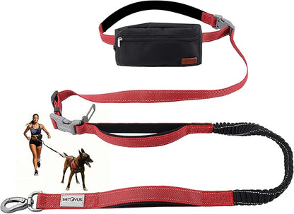 Hands Free Dog Leash with Zipper Pouch, Double Handle Running Reflective Bungee Waist Leash for Dog Walking, Training and Hiking for Small Medium Large Dogs (Red)