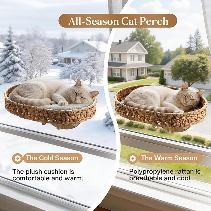 2 Ways Cat Window Perch with Solid Wood Frame, Wicker Design Cat Window Seat with 4 Suction Cups, Window Hammock for Cats Inside with Removable Cusion, Cat Hammock for Window & Wall