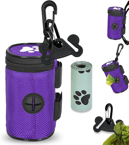 Dog Waste Bag Dispenser Pet Poop Bags Holder for Doggie Waste Bags Dispensers Soft Fabric Zipper Small Doggy Puppy Pouch for Leash Accessory Attachment with Carrier,Paw Print, No-XYBpurple