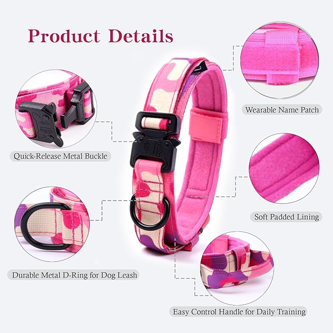 Xqpetlihai Tactical Dog Collar and Leash Set Adjustable Military Nylon Dog Collar with Control Handle and Heavy Duty Metal Buckle for Large Dogs （Pink Camo XL