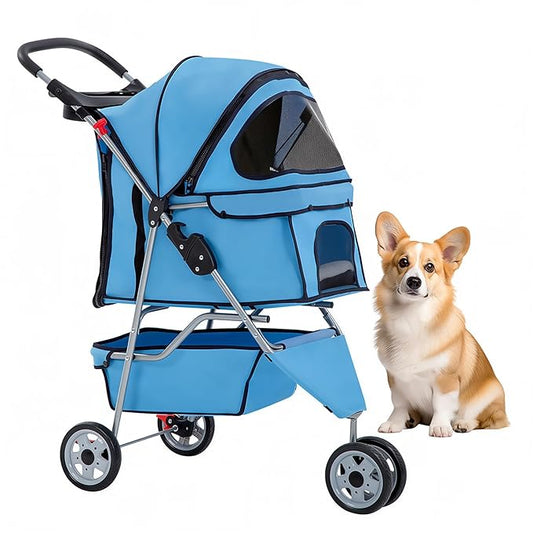 BestOffice Pet Stroller for Small Medium Dogs & Cats, 3-Wheel Foldable Dog Stroller with Cup Holder, Lightweight Travel Carrier, Waterproof Design for Outdoor Walks, Blue