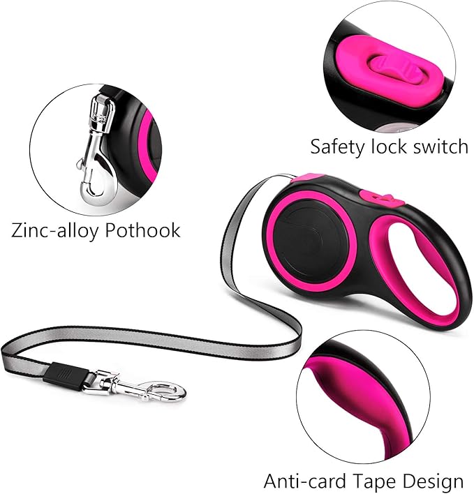 Segarty 26ft Dog Leash Retractable, 8m Dog Leads Long for Medium Large Breed Pets 44-110Lbs, No Tangle Nylon Tape and 1 Button Break & Lock Heavy Duty Leash for Training Running, Pink