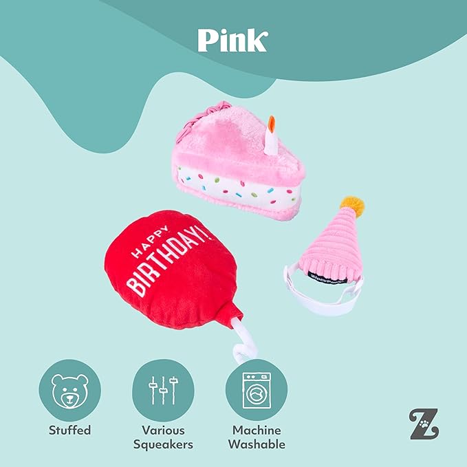 ZippyPaws Birthday Box - Dog Squeaky Toys to Keep Them Busy, Funny Food Plush for Small, Medium, & Large Dogs, Cute Stuffed Puppy Toy & Hat, Pet Products, Gift for Dogs of All Breeds - 3-Pack, Pink