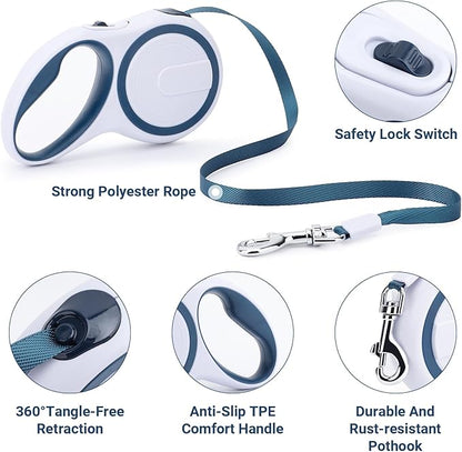 Segarty Extendable Leash, 16ft Heavy Duty Walking Dog Retractable Leash for Medium Small Dogs up to 44lb, Anti-Slip Handle 360°Tangle-Free Nylon Tape, One-Handed One Button Lock (Blue White)
