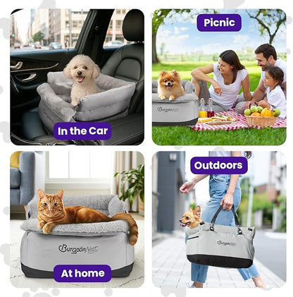 BurgeonNest Dog Car Seat for Small Dogs up to 25 lbs - Washable Pet Booster Seat with Safety Leash & Storage Pockets, Grey