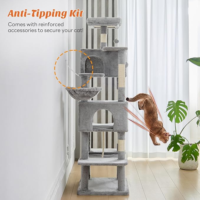 DUMOS Large 66 Inch Cat Tree Tower, Tall Multi Level Cat Climbing Tower with Natural Sisal Scratching Posts, Hammock, Pet Condo for Indoor Cats and Kittens Play, Grey