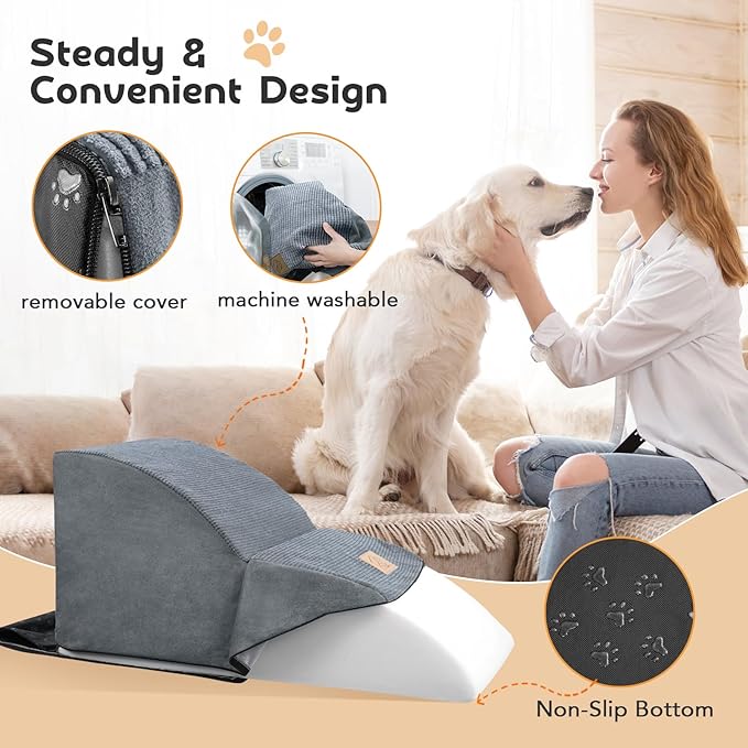 Mestuel Extended Dog Stairs Steps for Couch Sofa Bed, 2 Steps Dog Stairs Ramp for Small Old Joint Injury Dogs Cats Easy Access, Pet Stairs with High Density Foam& Nonslip Bottom, Gray