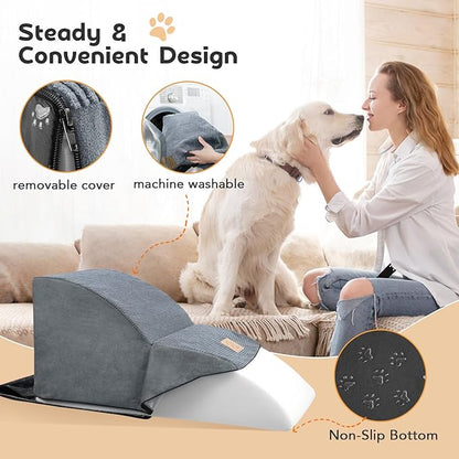 Mestuel Extended Dog Stairs Steps for Couch Sofa Bed, 2 Steps Dog Stairs Ramp for Small Old Joint Injury Dogs Cats Easy Access, Pet Stairs with High Density Foam& Nonslip Bottom, Gray