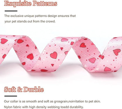Love Pattern Dog Collar with Buckle Adjustable Safety Nylon Collars for Small Medium Large Dogs, Cute Stylish Girl Boy Christmas Dog Collar(Pink Heart,L)