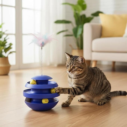 Interactive Cat Toy for Indoor Cats, 3-Layer Ball Track with Tumbler Base & Feather, Self-Play Kitten Toy to Reduce Boredom & Anxiety, Durable Interactive Pet Toy for Kittens and Adult Cats(Blue)