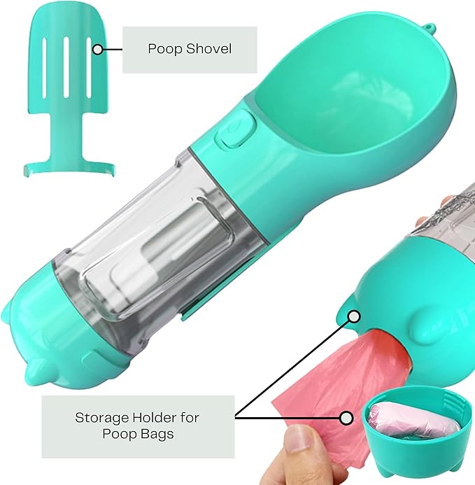 Portable Travel Pet Water Bottle – Leakproof Dog Water Dispenser with Poop Bag Holder & Waste Shovel – Ideal for Walking, Hiking & Outdoor Adventures (Blue)