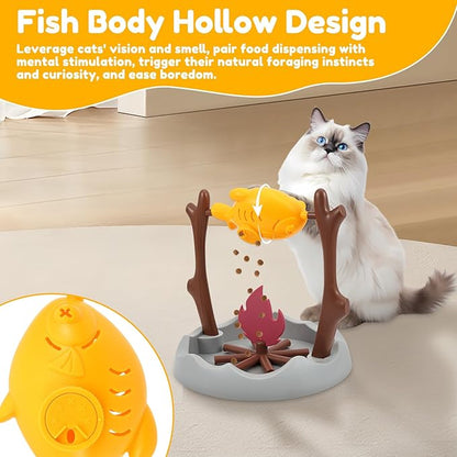 Cat Puzzles Feeder Toy, Cat BBQ Toy Treat Dispensing Slow Feeder Bowl Unique Rotatable Fish and Flame Cognitive Training Game Enrichment Interactive Stimulation Toys for Indoor Kitty