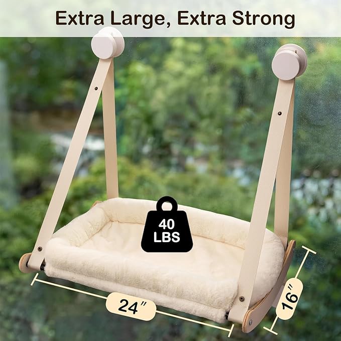 Kilodor Cat Window Perch, Cat Hammock for Window with 4 Strong Suction Cups - Easy Assembly, Solid Wood Frame with Large Cats Bed - Supports Up to 40lbs for Indoor Cats Beige