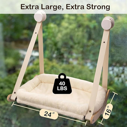 Kilodor Cat Window Perch, Cat Hammock for Window with 4 Strong Suction Cups - Easy Assembly, Solid Wood Frame with Large Cats Bed - Supports Up to 40lbs for Indoor Cats Beige
