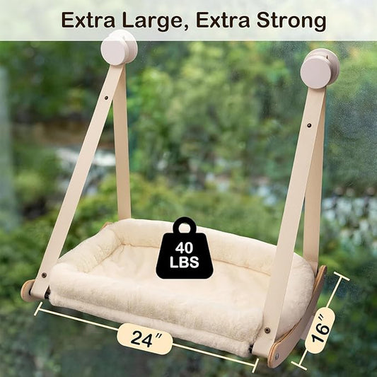 Kilodor Cat Window Perch, Cat Hammock for Window with 4 Strong Suction Cups - Easy Assembly, Solid Wood Frame with Large Cats Bed - Supports Up to 40lbs for Indoor Cats Beige