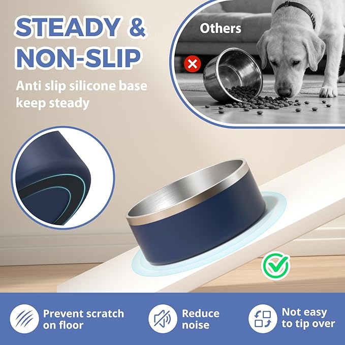 2 Pack Stainless Steel Dog Bowls, Outdoor Dog Water Bowl with Non Slip Rubber Bottom, Dishwasher Safe, Easy to Clean,40oz&64oz Blue