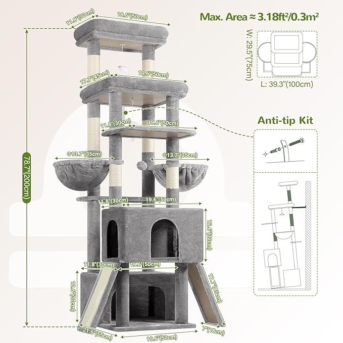 Globlazer Heavy Duty Cat Tree 78 inch Sturdy Cat Tower for 20lbs Large Adult Cats, Symmetrical Aesthetic Big Cat Tree with Extra Large Platform, 2 Scratching Boards, Z78, Light Grey