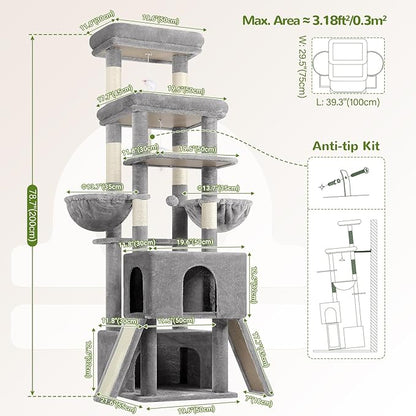 Globlazer Heavy Duty Cat Tree 78 inch Sturdy Cat Tower for 20lbs Large Adult Cats, Symmetrical Aesthetic Big Cat Tree with Extra Large Platform, 2 Scratching Boards, Z78, Light Grey