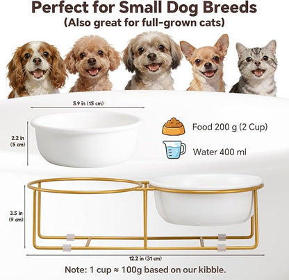 Elevated Dog Bowls for Food and Water - Double Ceramic Bowls with Metal Stand - Pet Feeding Set for Small Dogs and Cats - Each Holds 400ml / 2 Cups (Approx. 200g) - White
