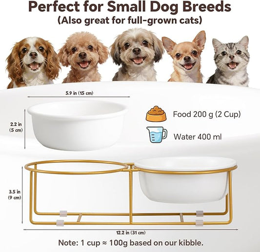 Elevated Dog Bowls for Food and Water - Double Ceramic Bowls with Metal Stand - Pet Feeding Set for Small Dogs and Cats - Each Holds 400ml / 2 Cups (Approx. 200g) - White