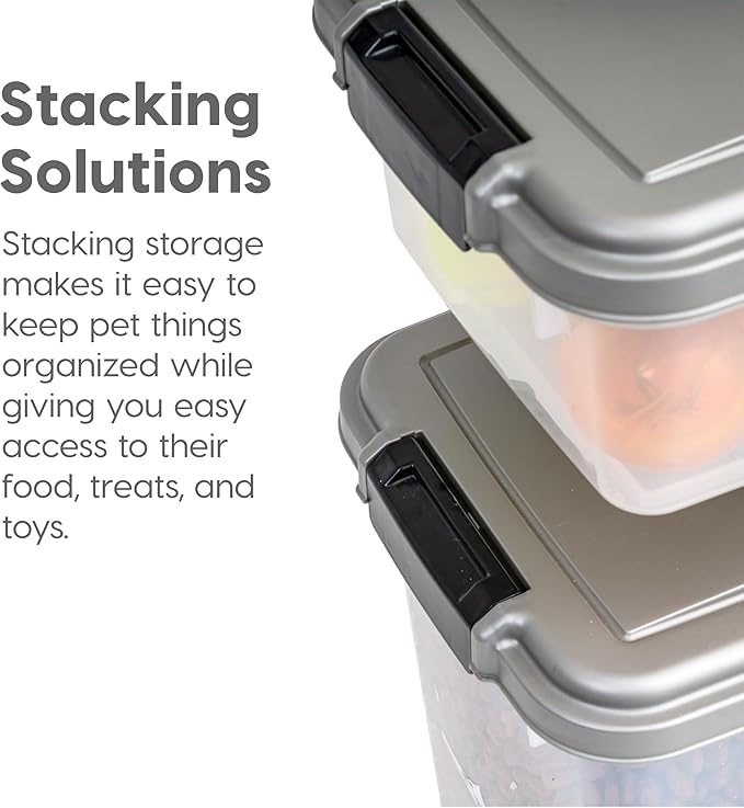 IRIS USA 30 lbs & 11 lbs Combo Airtight Dog Food Storage Container, Stackable Treat Box, 2-Cup Scoop, Wheels, Keep Fresh, Easy Mobility, Silver