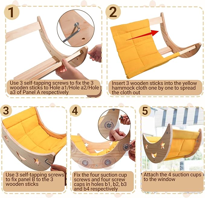 Cat Hammock Moon Bed Window Mounted Hammock Strong Suction Cup Shelves and Perches Solid Wood Furniture Platforms Beds Hanging for Cats and Kitty Easy Installation Single Moon