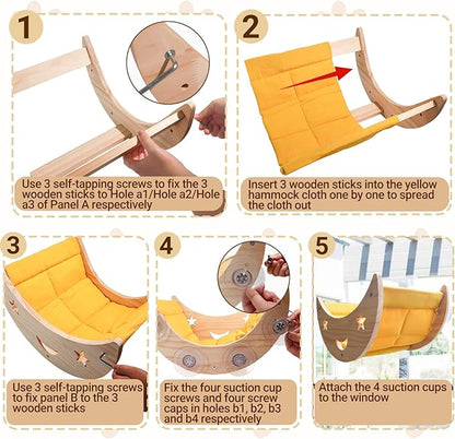 Cat Hammock Moon Bed Window Mounted Hammock Strong Suction Cup Shelves and Perches Solid Wood Furniture Platforms Beds Hanging for Cats and Kitty Easy Installation Single Moon